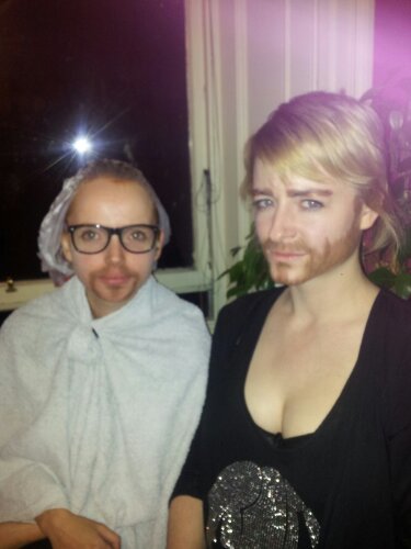 Mhairi doesn't normally wear a towel-cape and plastic bag on her head; it's a hairdye thing