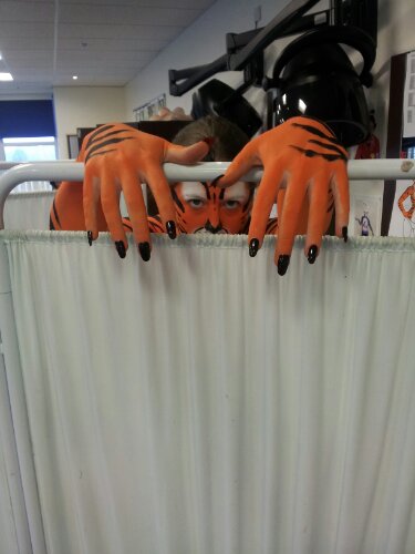 It's really hard to get a wide shot in the bodypainting studio without there being like a MILLION boobs in the background.  And you've got to watch all those mirrors too - oh lookee, there's Megan with her baps out behind Chloe there, heehee